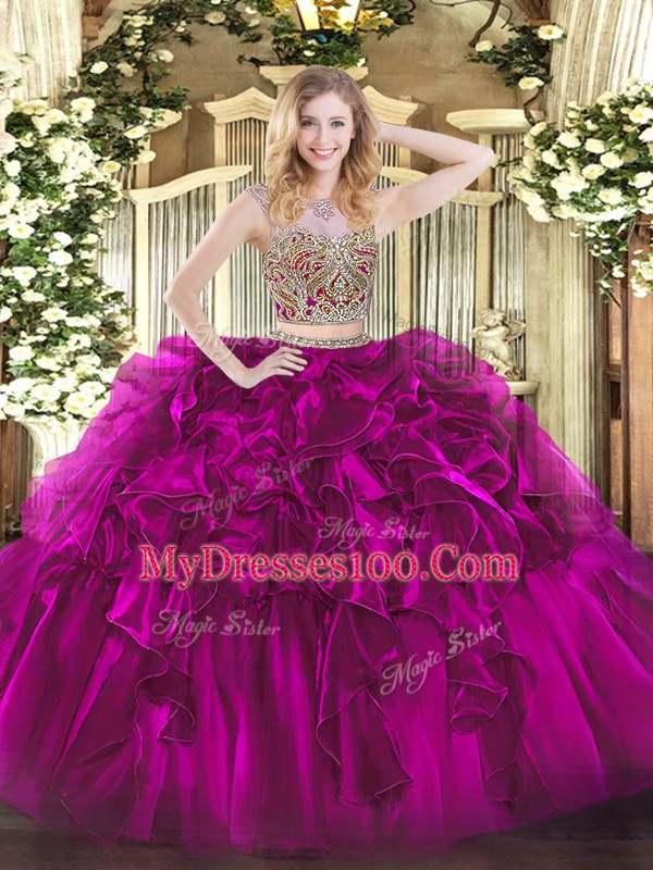Fuchsia Sleeveless Organza Lace Up Vestidos de Quinceanera for Military Ball and Sweet 16 and Quinceanera