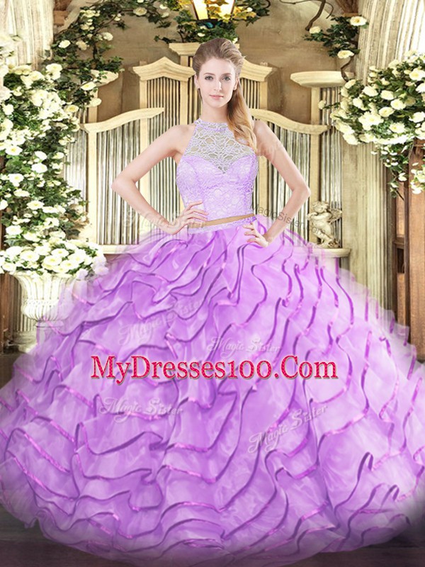 Sleeveless Brush Train Zipper Lace and Ruffles Quinceanera Dresses