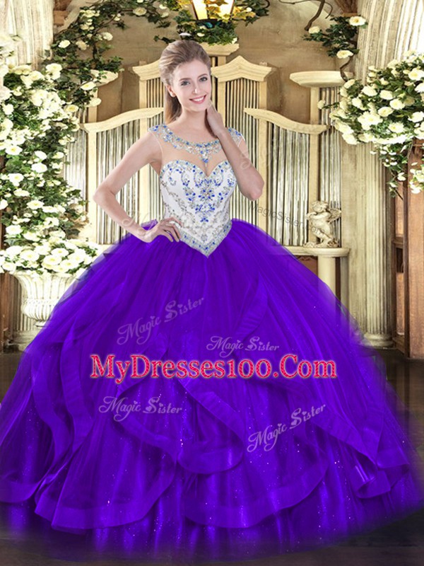 High Quality Purple Sleeveless Floor Length Beading and Ruffles Zipper Quinceanera Gowns