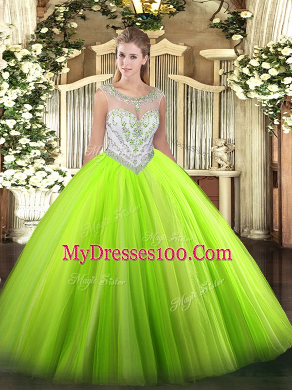 Inexpensive Ball Gowns Scoop Sleeveless Tulle Floor Length Zipper Beading 15 Quinceanera Dress