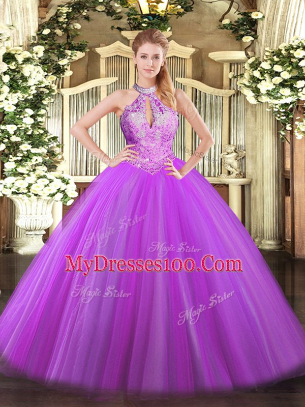 Halter Top Sleeveless Lace Up Vestidos de Quinceanera Purple Tulle
