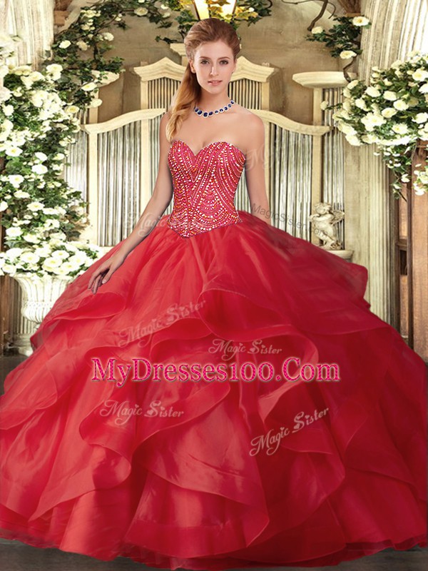 Stunning Red Ball Gowns Tulle Sweetheart Sleeveless Beading and Ruffles Floor Length Lace Up Quinceanera Gown