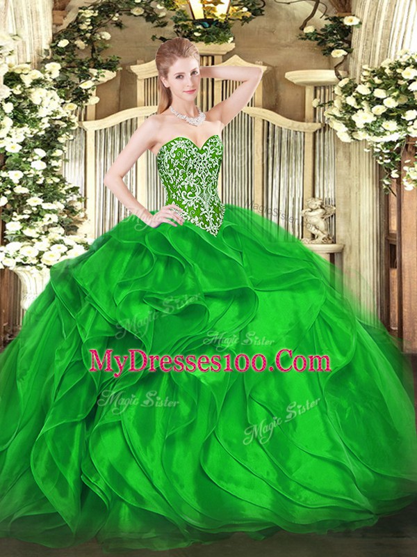 Green Lace Up Sweetheart Beading and Ruffles Sweet 16 Dresses Organza Sleeveless