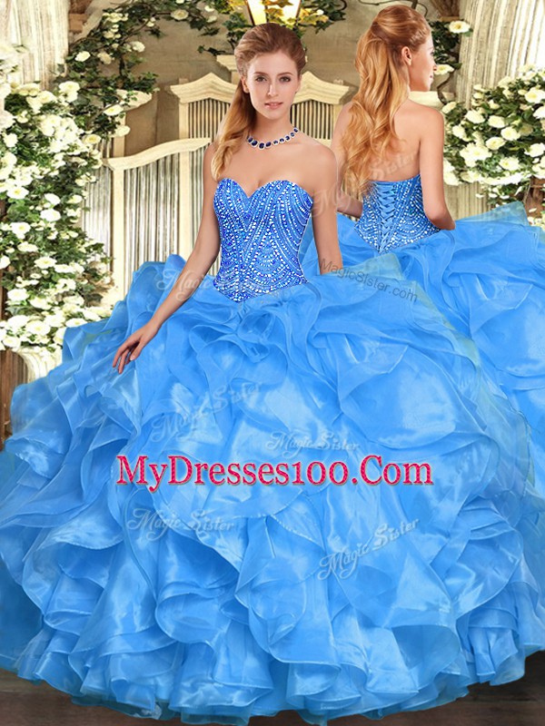 Luxurious Baby Blue Sleeveless Floor Length Beading and Ruffles Lace Up Sweet 16 Dress