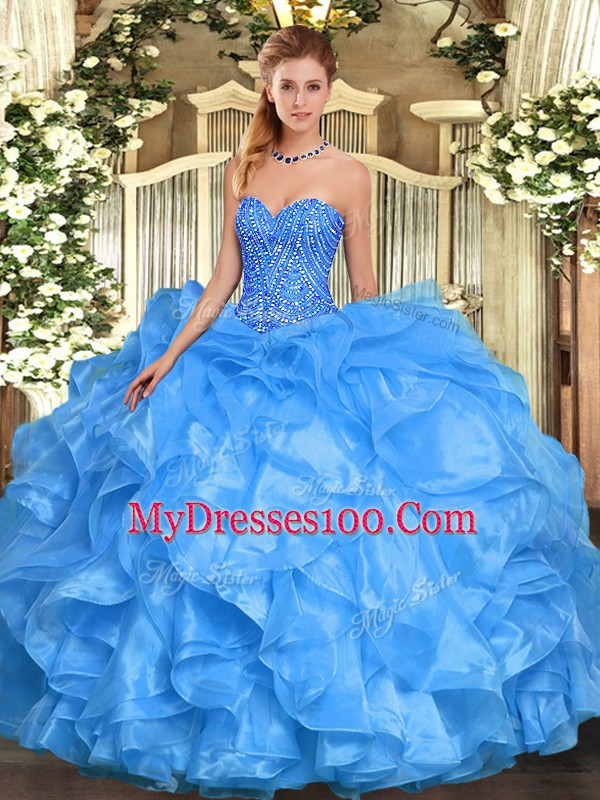 Luxurious Baby Blue Sleeveless Floor Length Beading and Ruffles Lace Up Sweet 16 Dress