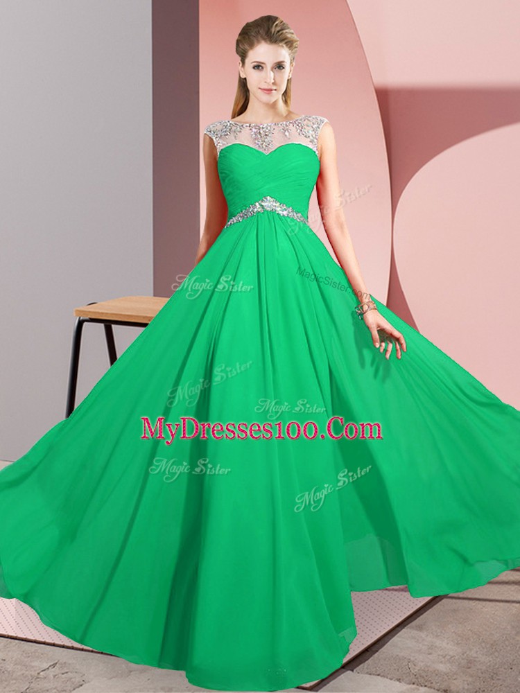 Chiffon Scoop Sleeveless Clasp Handle Beading Prom Dress in Green