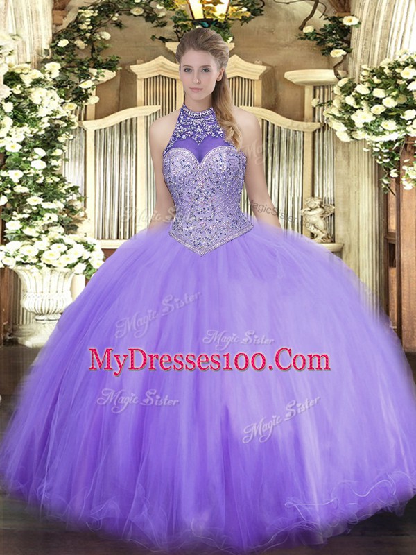 Charming Lavender Quinceanera Dress Military Ball and Sweet 16 and Quinceanera with Beading Halter Top Sleeveless Lace Up