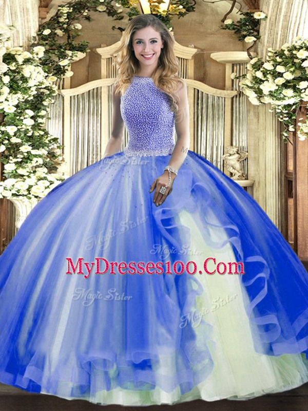 Romantic High-neck Sleeveless Lace Up Quince Ball Gowns Blue Tulle