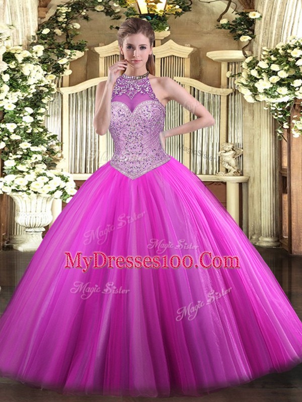 Stylish Fuchsia Sleeveless Beading Floor Length Quinceanera Gowns