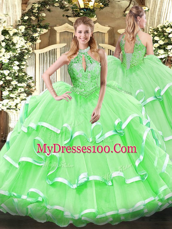 Fancy Halter Top Lace Up Beading and Ruffles Vestidos de Quinceanera Sleeveless