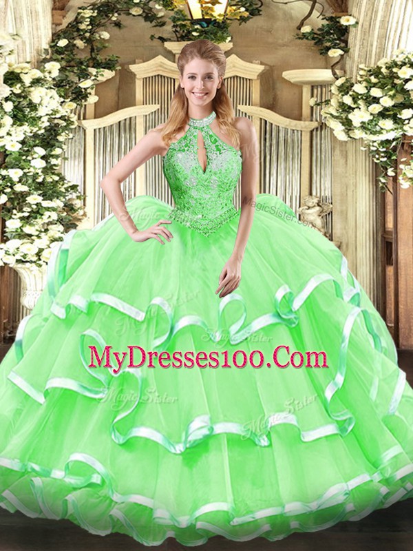 Fancy Halter Top Lace Up Beading and Ruffles Vestidos de Quinceanera Sleeveless