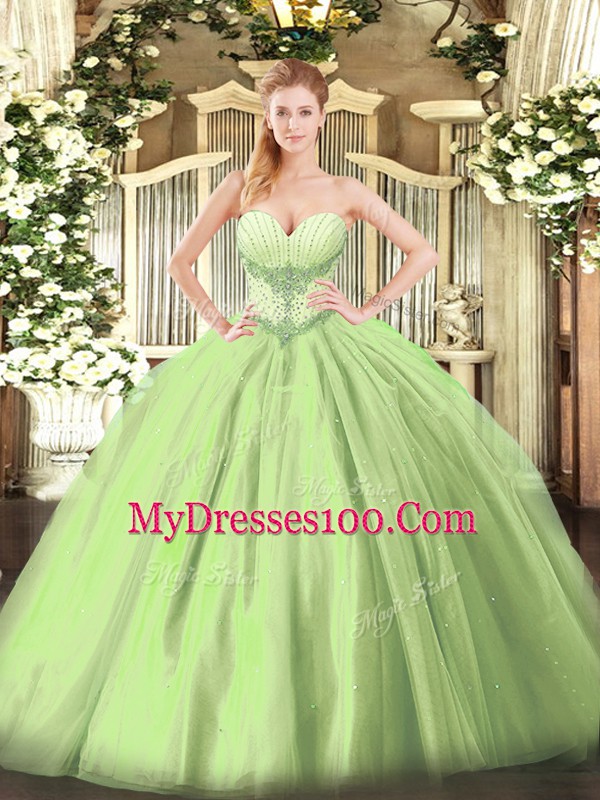 Sexy Sweetheart Sleeveless Tulle Quinceanera Gowns Beading Lace Up