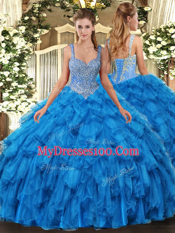 Dynamic Beading and Ruffles 15 Quinceanera Dress Blue Lace Up Sleeveless Floor Length