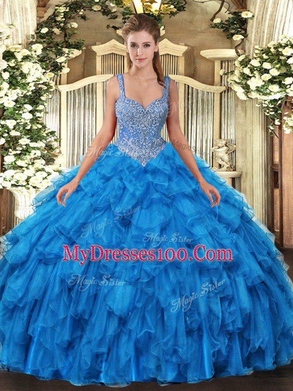 Dynamic Beading and Ruffles 15 Quinceanera Dress Blue Lace Up Sleeveless Floor Length