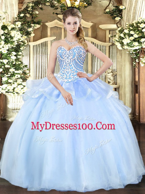 Free and Easy Light Blue Sleeveless Organza Lace Up Sweet 16 Dresses for Military Ball and Sweet 16 and Quinceanera