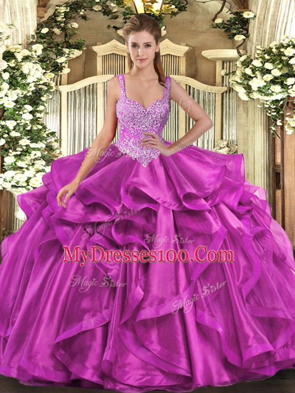 Affordable Floor Length Fuchsia Sweet 16 Quinceanera Dress Organza Sleeveless Beading and Ruffles
