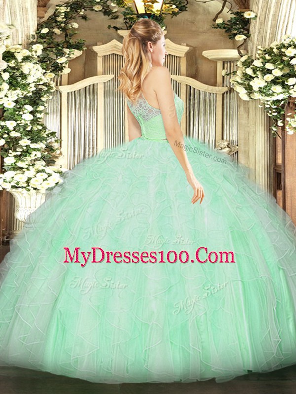 Adorable Sleeveless Floor Length Lace and Ruffles Zipper 15th Birthday Dress with Lilac
