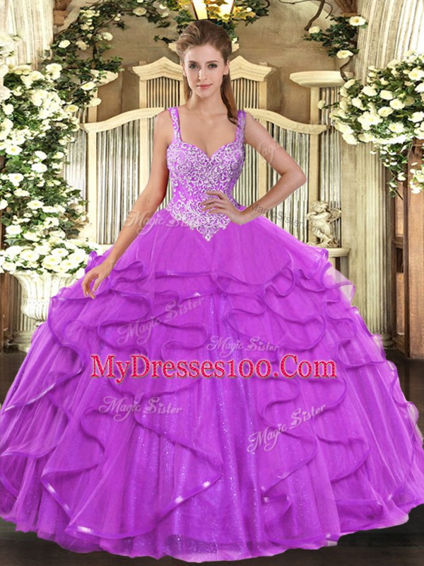 Eggplant Purple 15 Quinceanera Dress Military Ball and Sweet 16 and Quinceanera with Beading and Ruffles Straps Sleeveless Lace Up