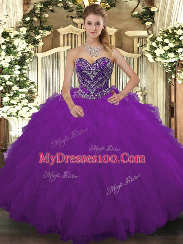 Purple Sleeveless Tulle Lace Up 15th Birthday Dress for Military Ball and Sweet 16 and Quinceanera