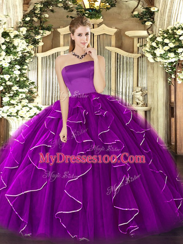 Top Selling Purple Ball Gowns Ruffles Sweet 16 Quinceanera Dress Zipper Tulle Sleeveless Floor Length