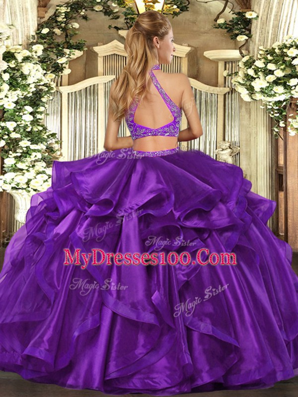 Halter Top Sleeveless Criss Cross Sweet 16 Quinceanera Dress Purple Organza