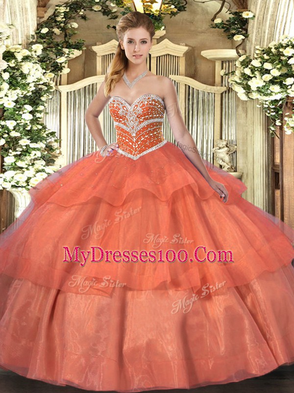 Orange Red Tulle Lace Up Sweetheart Sleeveless Floor Length 15 Quinceanera Dress Beading and Ruffled Layers