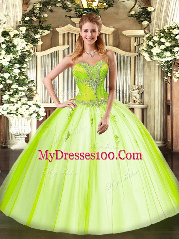 Sophisticated Yellow Green Sleeveless Beading Floor Length Sweet 16 Dress