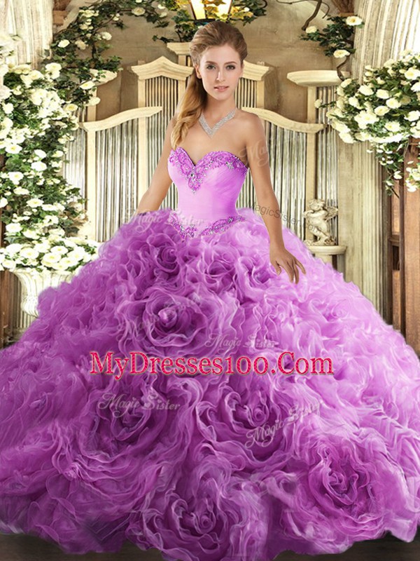 Sleeveless Floor Length Beading Lace Up Ball Gown Prom Dress with Lilac