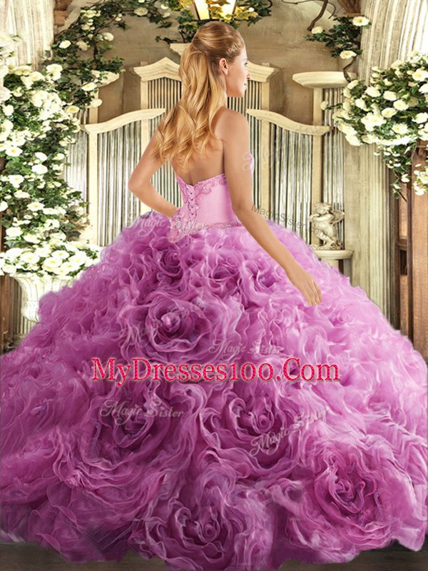 Sleeveless Floor Length Beading Lace Up Ball Gown Prom Dress with Lilac