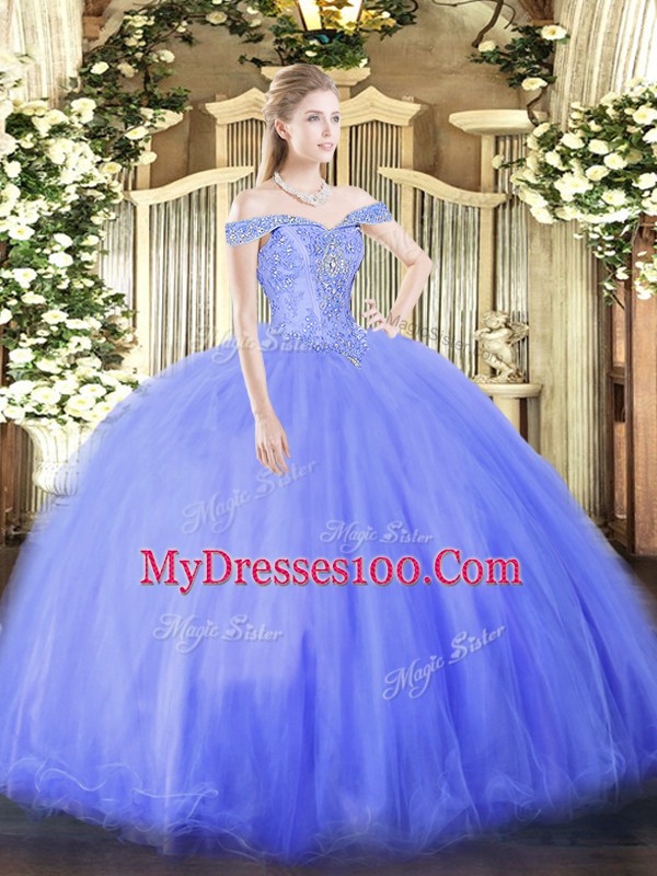Colorful Blue Ball Gowns Tulle Off The Shoulder Sleeveless Beading Floor Length Lace Up Quinceanera Gowns