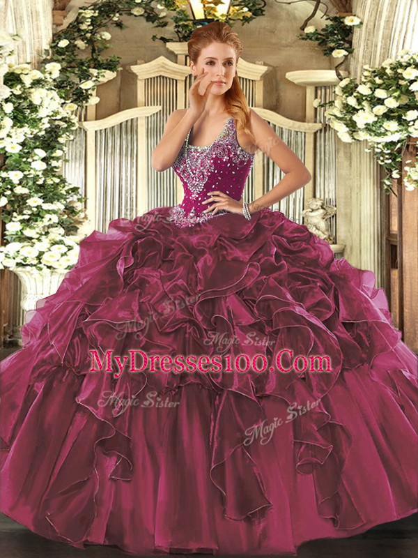 Burgundy Straps Neckline Beading and Ruffles Quinceanera Gown Sleeveless Lace Up