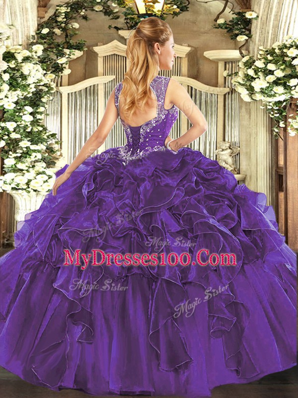 Burgundy Straps Neckline Beading and Ruffles Quinceanera Gown Sleeveless Lace Up