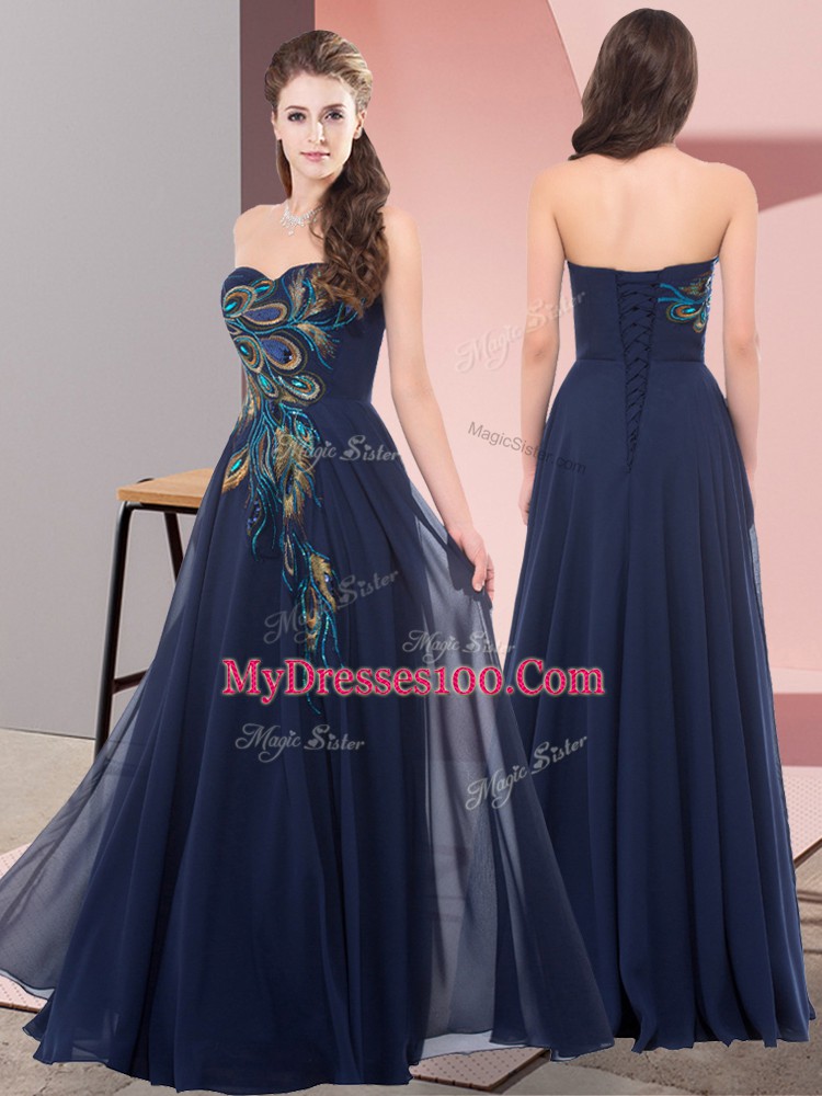 Fantastic Navy Blue Lace Up Sweetheart Embroidery Prom Evening Gown Chiffon Sleeveless
