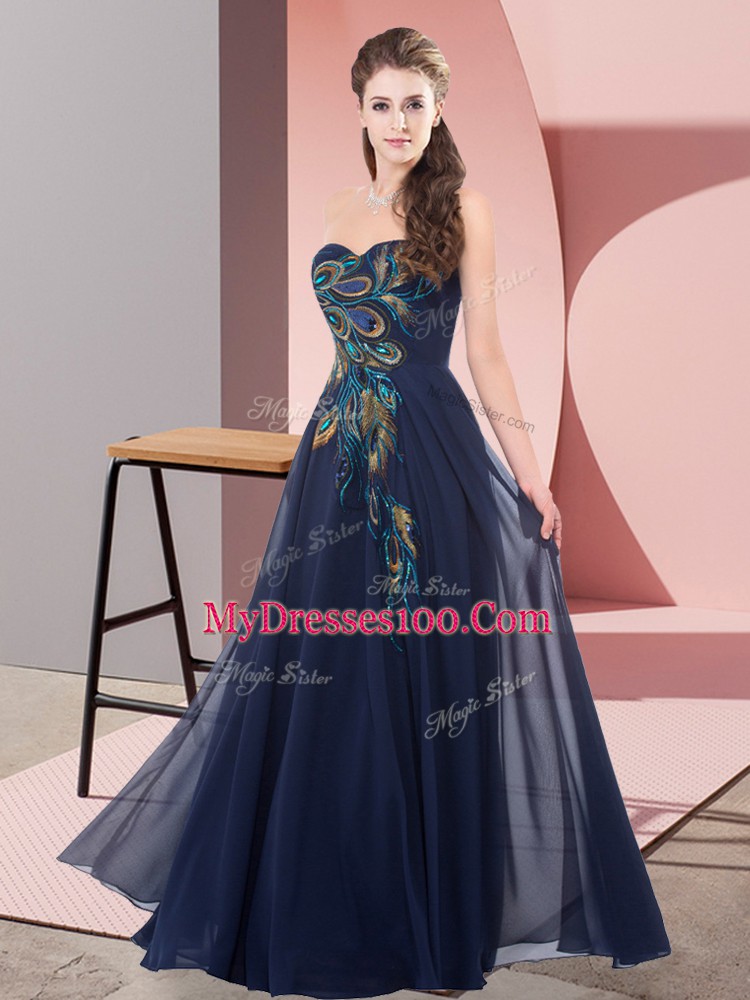 Fantastic Navy Blue Lace Up Sweetheart Embroidery Prom Evening Gown Chiffon Sleeveless
