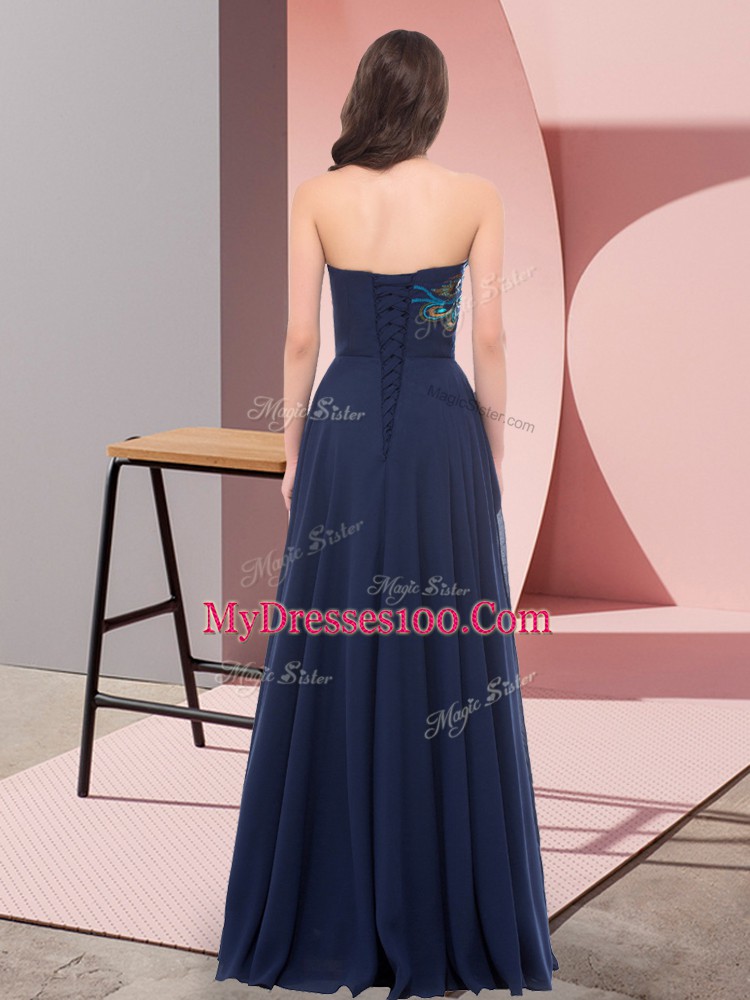 Fantastic Navy Blue Lace Up Sweetheart Embroidery Prom Evening Gown Chiffon Sleeveless