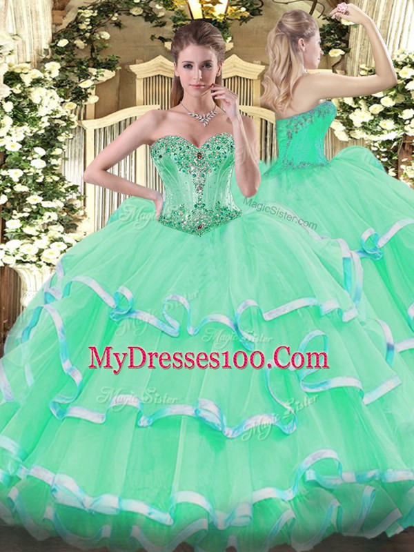 Apple Green Sleeveless Floor Length Beading and Ruffles Lace Up Quinceanera Gown
