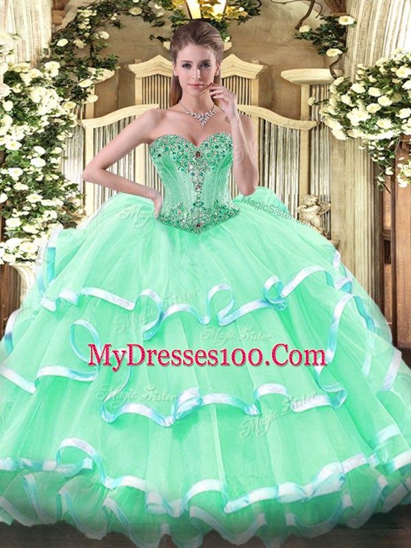 Apple Green Sleeveless Floor Length Beading and Ruffles Lace Up Quinceanera Gown