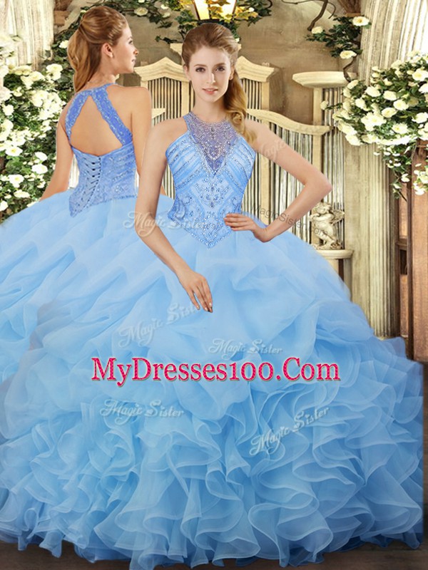 Custom Design Aqua Blue Organza Lace Up Halter Top Sleeveless Floor Length Quince Ball Gowns Beading and Ruffles and Pick Ups