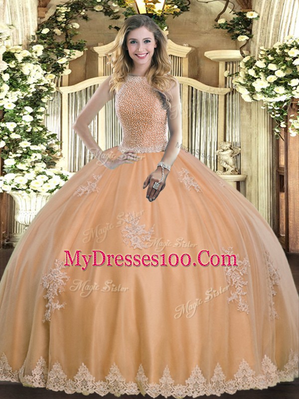 Floor Length Peach Sweet 16 Quinceanera Dress Tulle Sleeveless Beading and Appliques