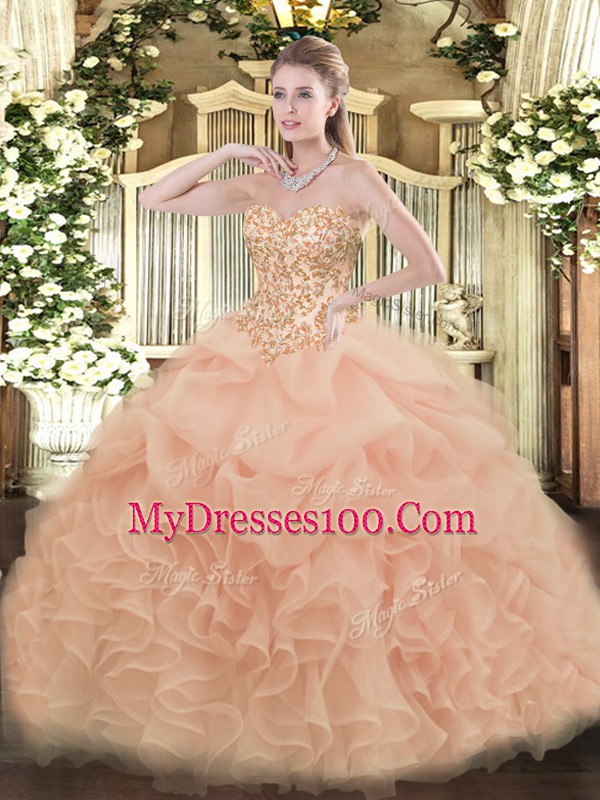 Stylish Floor Length Peach Quinceanera Gowns Sweetheart Sleeveless Lace Up