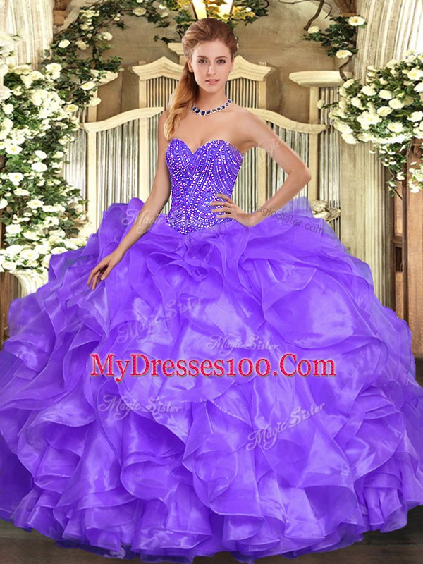 Ball Gowns Quinceanera Dresses Lavender Sweetheart Organza Sleeveless Floor Length Lace Up