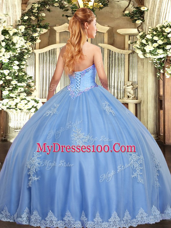 Perfect Floor Length Light Blue Quince Ball Gowns Strapless Sleeveless Lace Up
