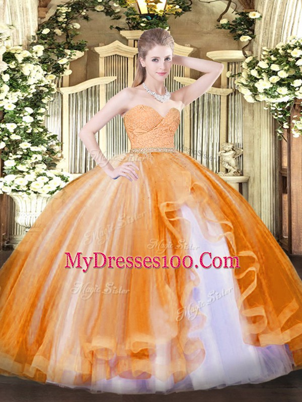 Discount Beading and Lace and Ruffles Sweet 16 Dresses Orange Zipper Sleeveless Floor Length