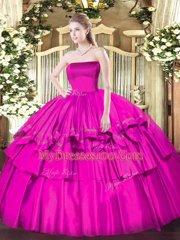 Fuchsia Sleeveless Organza and Taffeta Zipper Sweet 16 Dresses for Military Ball and Sweet 16 and Quinceanera