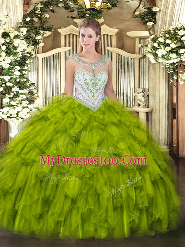 Superior Olive Green Tulle Zipper Scoop Sleeveless Floor Length Vestidos de Quinceanera Beading and Ruffles