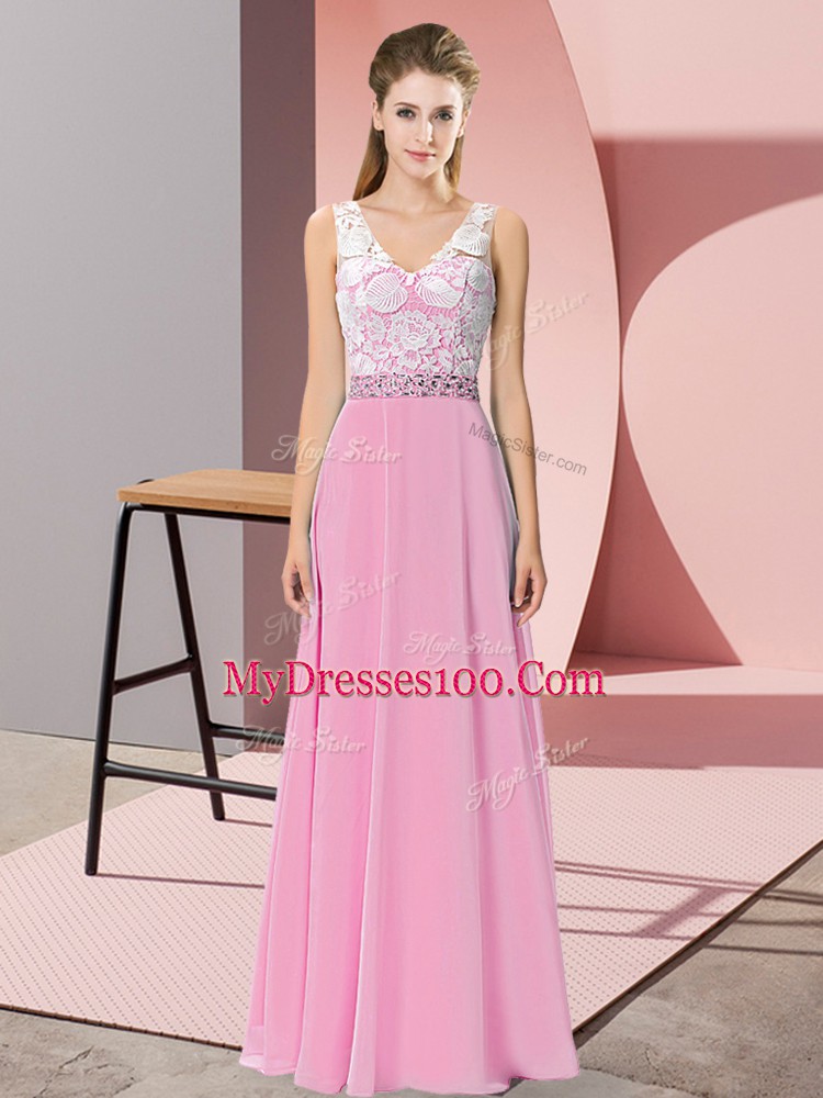 Sleeveless Backless Floor Length Beading Prom Dresses