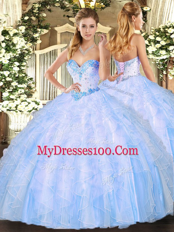 Cheap Light Blue Lace Up Sweetheart Beading and Ruffles Sweet 16 Dresses Organza Sleeveless