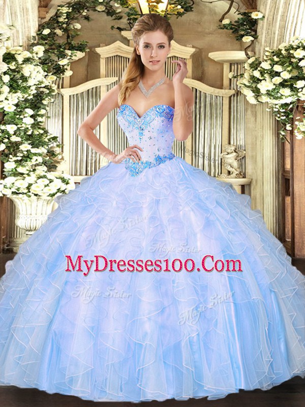 Cheap Light Blue Lace Up Sweetheart Beading and Ruffles Sweet 16 Dresses Organza Sleeveless