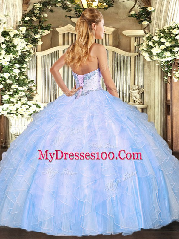 Cheap Light Blue Lace Up Sweetheart Beading and Ruffles Sweet 16 Dresses Organza Sleeveless