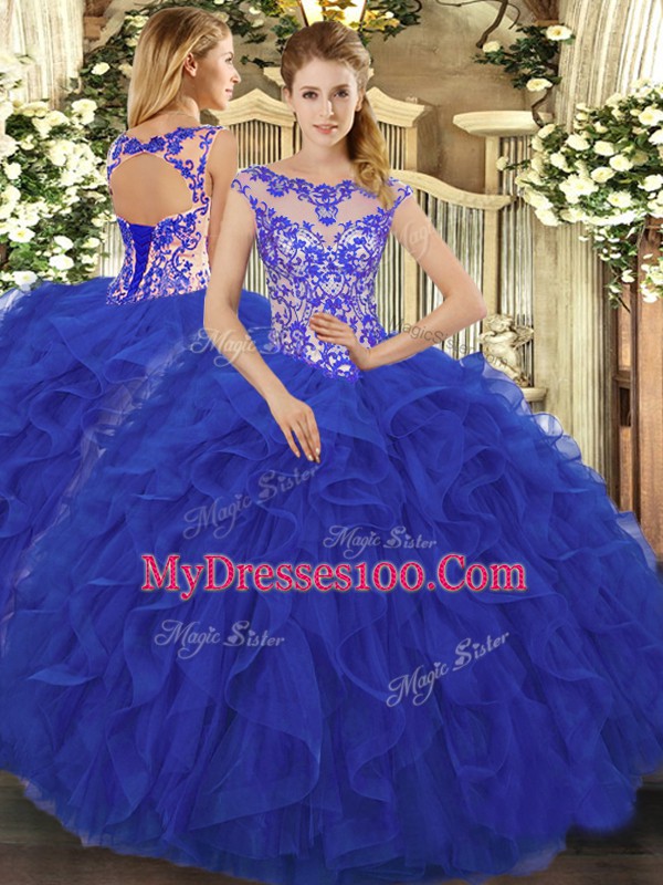 Trendy Royal Blue Lace Up Quinceanera Gown Beading and Ruffles Sleeveless Floor Length